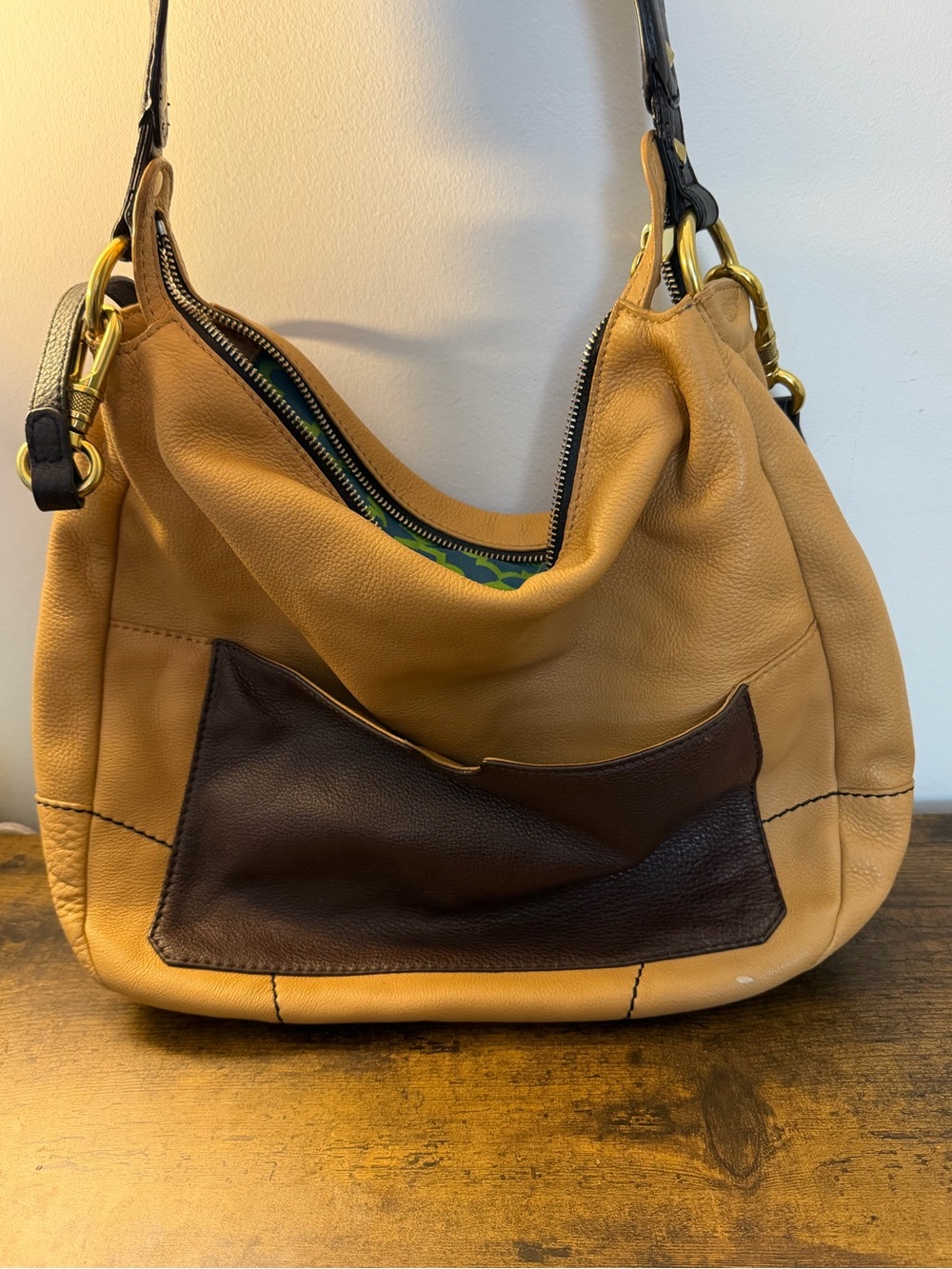 Leather Hobo Shoulder Bag - Tan with Dark Brown Accent